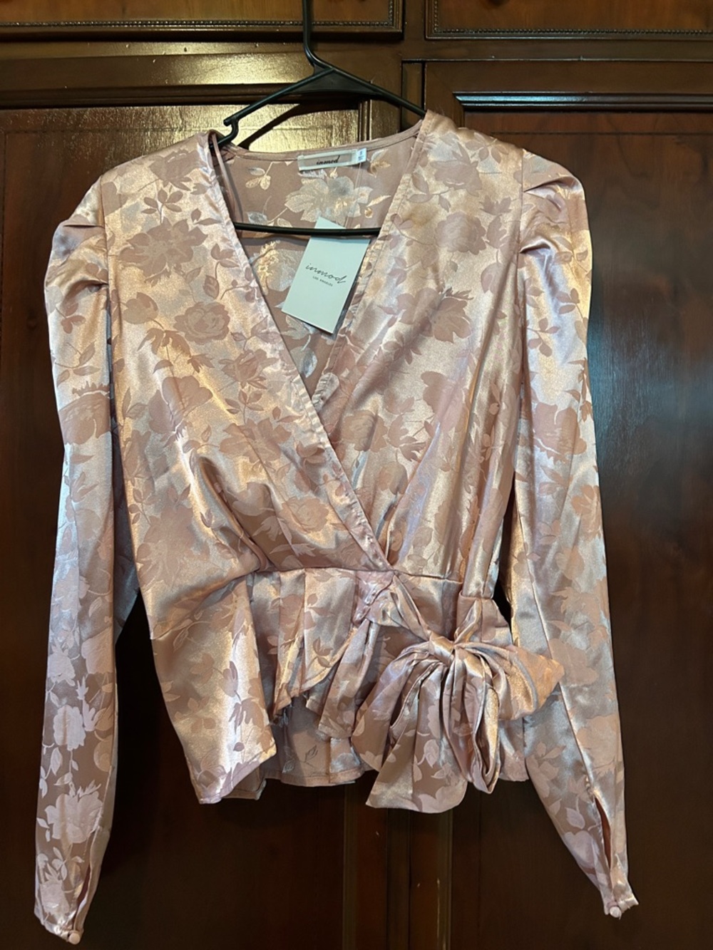 Satin Floral Wrap Blouse in Blush Pink with Waist Tie